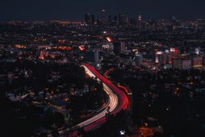 los angeles, california, city, urban, buildings, skyscrapers, cityscape, skyline, downtown, interstate, road, traffic contrails, night, evening, silhouettes, aerial view, hdr, los angeles, los angeles, los angeles, los angeles, los angeles