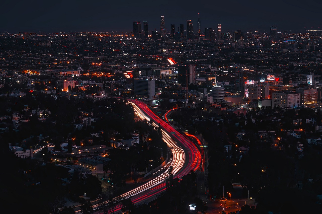 los angeles, california, city, urban, buildings, skyscrapers, cityscape, skyline, downtown, interstate, road, traffic contrails, night, evening, silhouettes, aerial view, hdr, los angeles, los angeles, los angeles, los angeles, los angeles