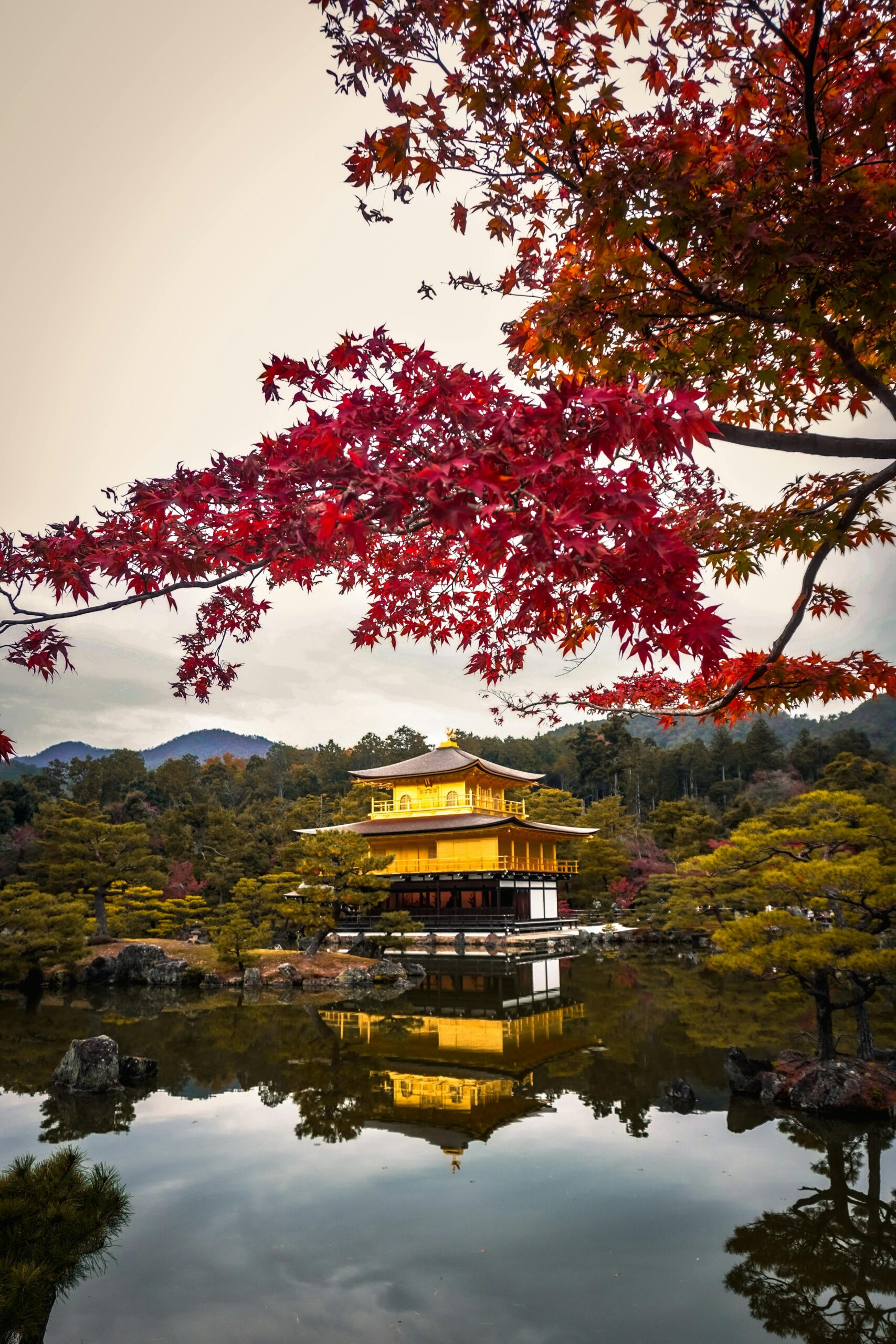 Stunning view of Kinkaku-ji temple reflecting in the waters surrounded by autumn foliage in Kyoto, Japan.