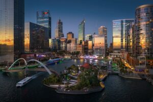 Explore the dynamic skyline of Perth reflecting city life at sunset over the Swan River.