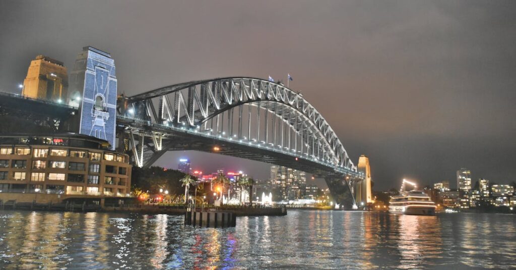 Stunning night view of the illuminated Sydney Harbour Bridge reflecting in the water.