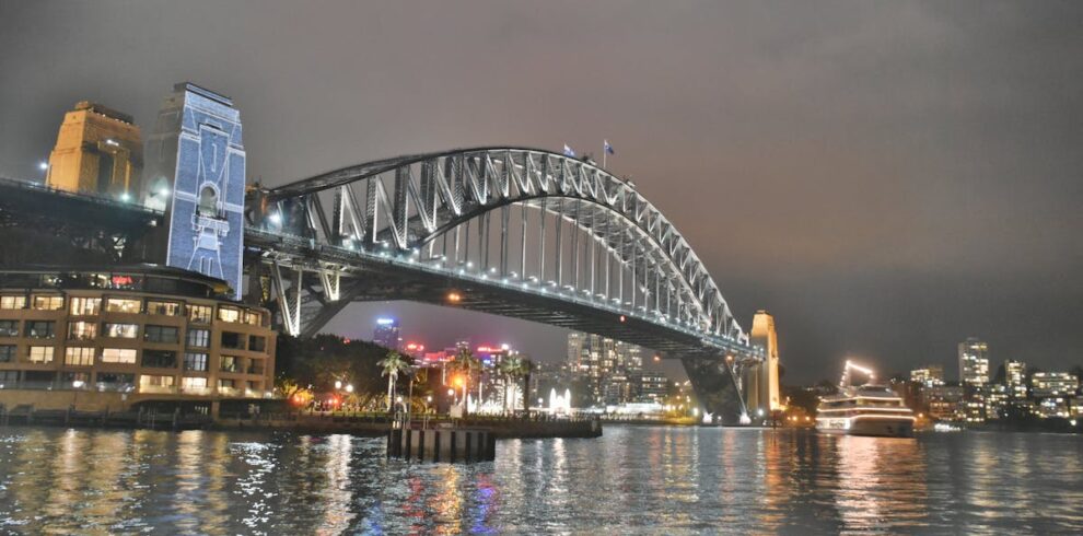 Stunning night view of the illuminated Sydney Harbour Bridge reflecting in the water.