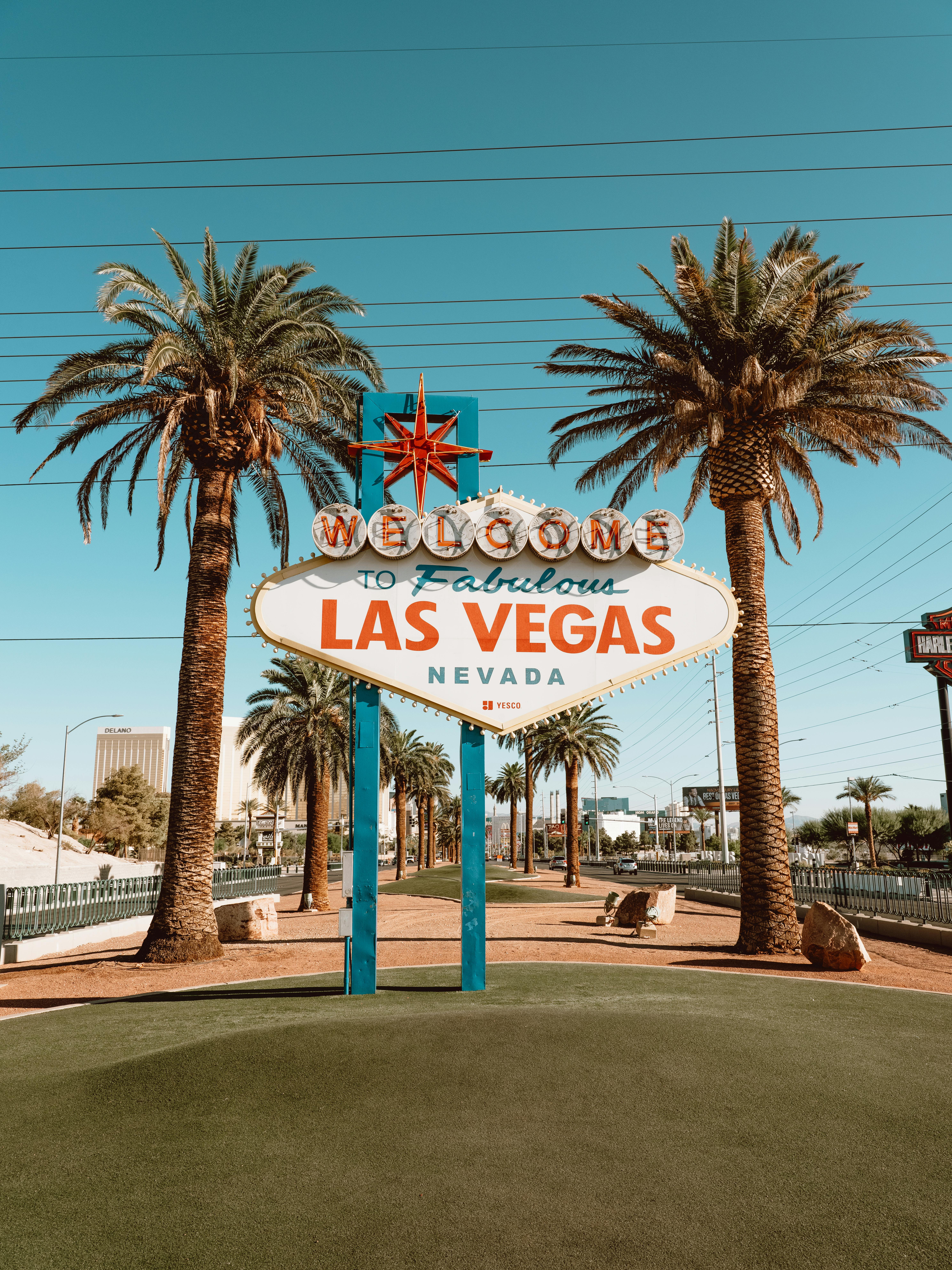 Capture of the famous Welcome to Las Vegas sign surrounded by palm trees under a clear blue sky.