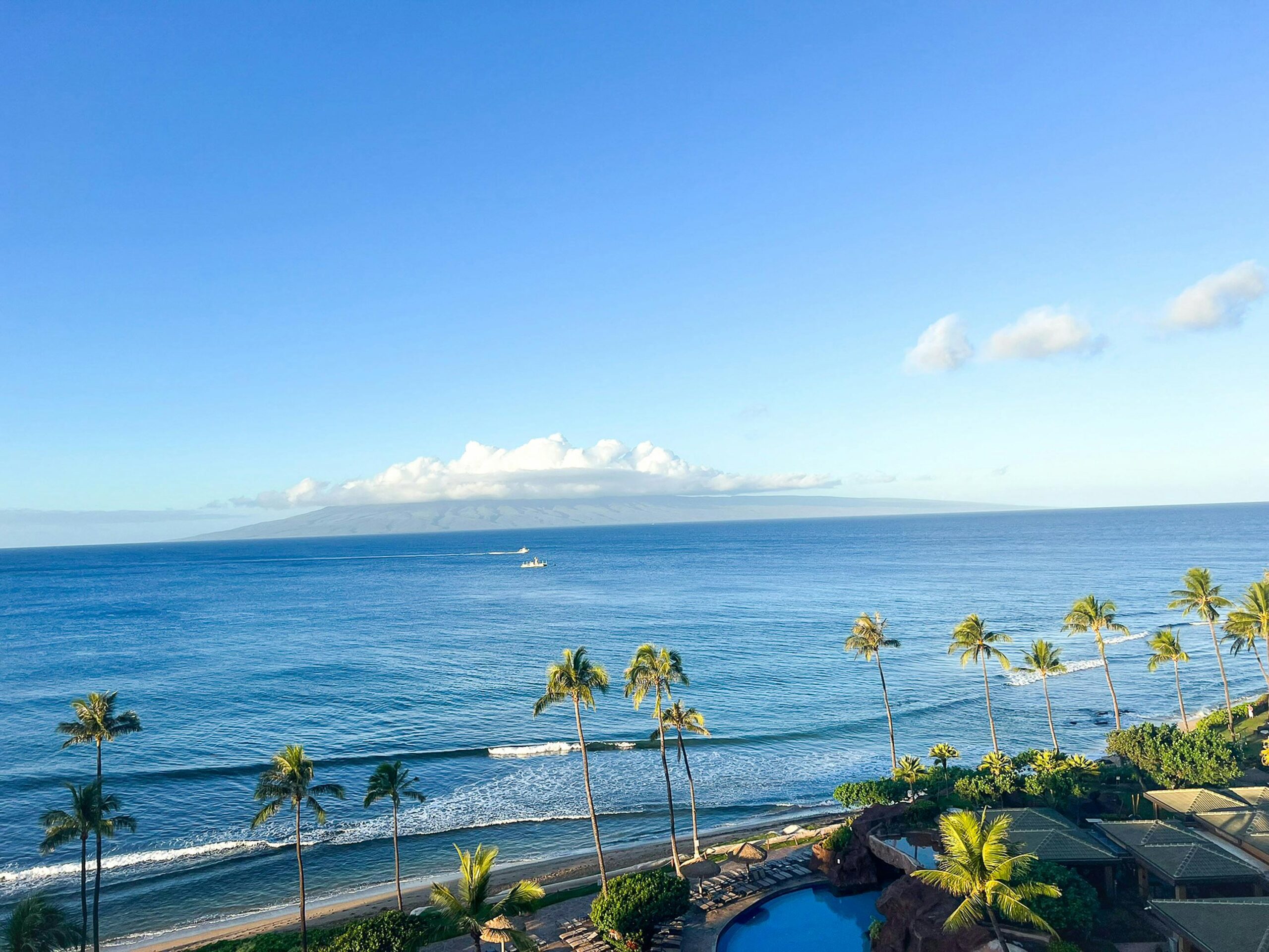 Aerial view of the lush Maui coastline with palm trees and clear blue waters.
